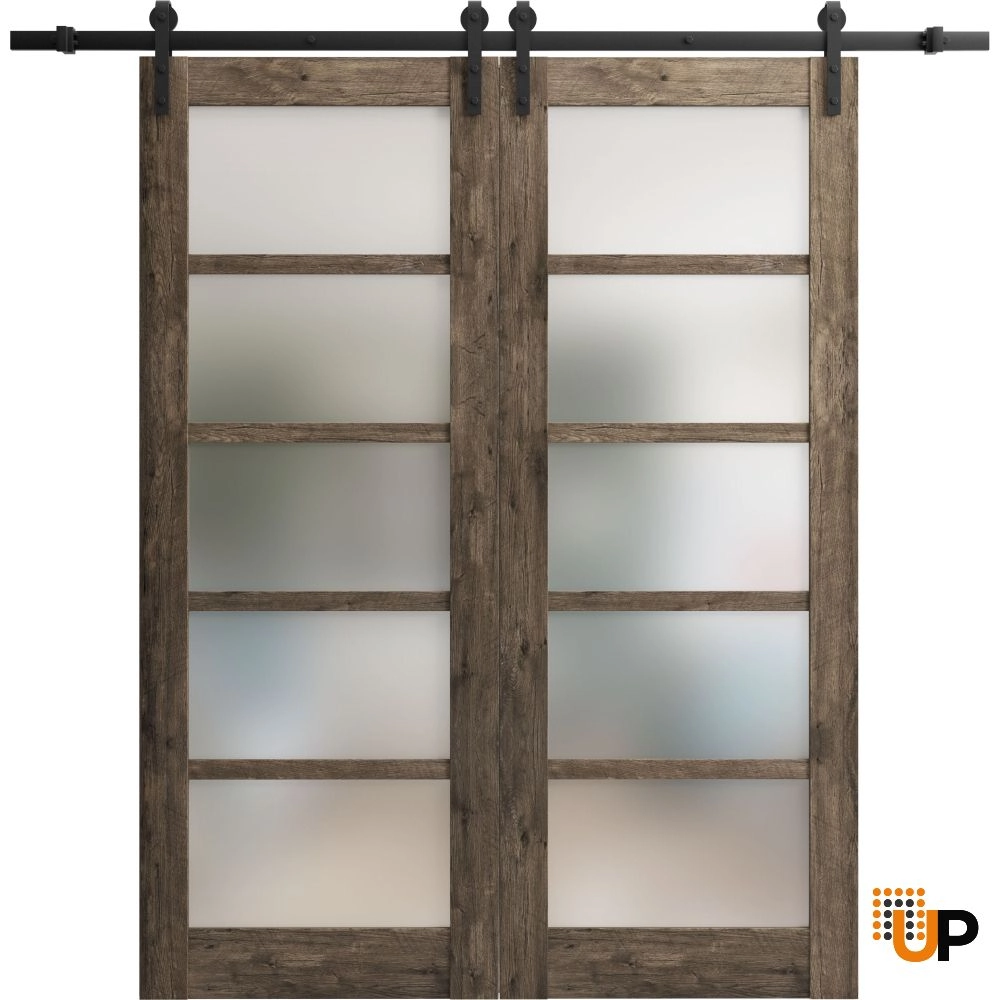 Double mdf sliding french interior barn double door with frosted glass | Quadro 4002  Cognac Oak | 36 x 80 (2* 18x80) photo#1