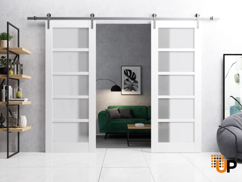 Double mdf sliding french interior barn double door with frosted glass | Quadro 4002  White | 36 x 80 (2* 18x80) photo#2