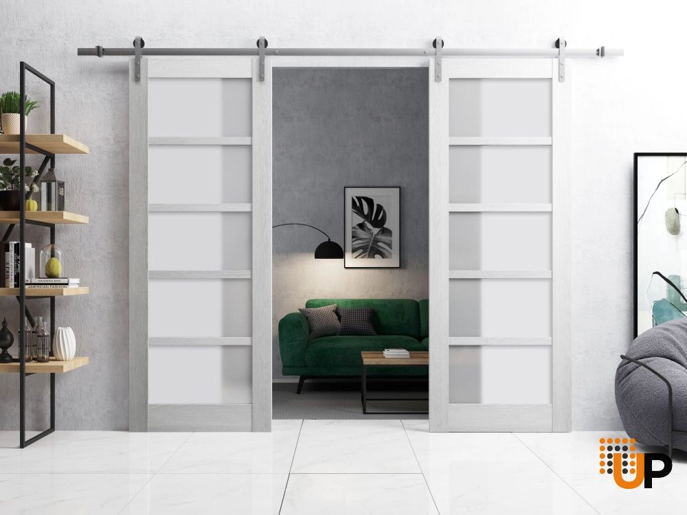 Double mdf sliding french interior barn double door with frosted glass | Quadro 4002  Light Grey Oak | 64 x 84 (2* 32x84) photo#2