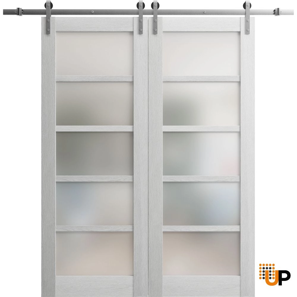 Double mdf sliding french interior barn double door with frosted glass | Quadro 4002  Light Grey Oak | 64 x 84 (2* 32x84) photo#1