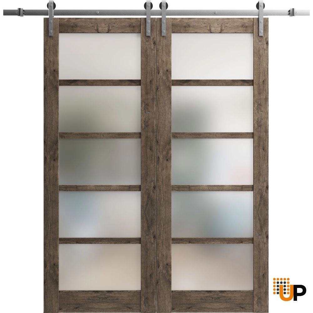 Double mdf sliding french interior barn double door with frosted glass | Quadro 4002  Cognac Oak | 36 x 80 (2* 18x80) photo#1