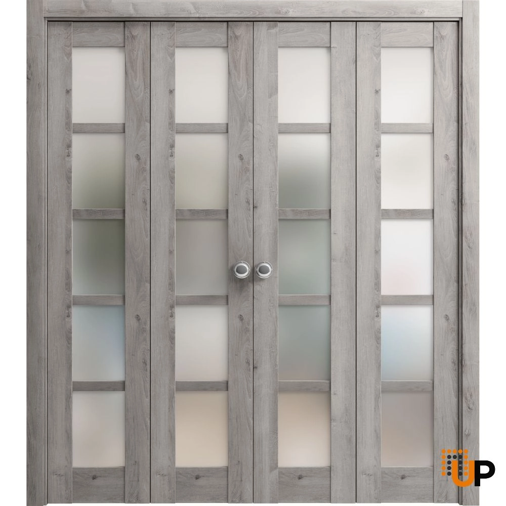 4 folding panels mdf sliding french interior bi-fold double door with frosted glass | Quadro 4002  Nebraska Grey | 72 x 80 (4* 18x80) photo#1