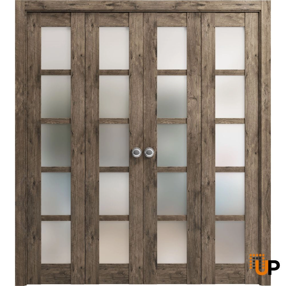 4 folding panels mdf sliding french interior bi-fold double door with frosted glass | Quadro 4002  Cognac Oak | 72 x 80 (4* 18x80) photo#1