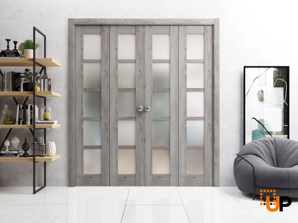 4 folding panels mdf sliding french interior bi-fold double door with frosted glass | Quadro 4002  Nebraska Grey | 72 x 80 (4* 18x80) photo#2