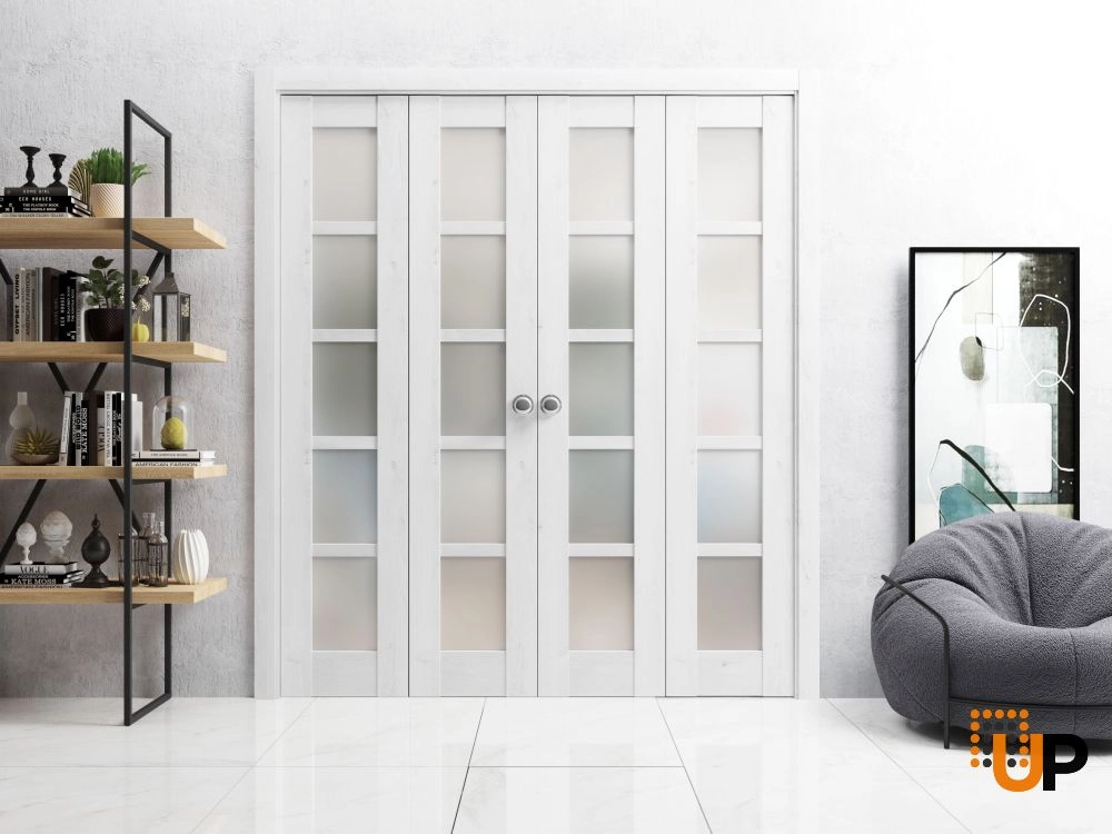 4 folding panels mdf sliding french interior bi-fold double door with frosted glass | Quadro 4002  Nordic White | 72 x 80 (4* 18x80) photo#2