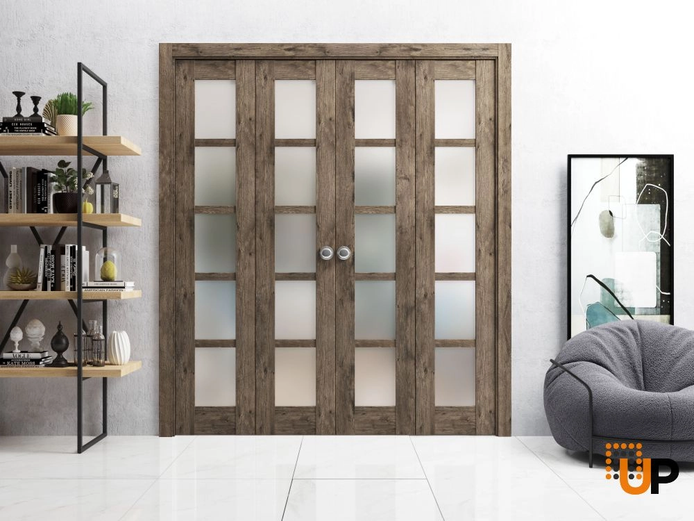 4 folding panels mdf sliding french interior bi-fold double door with frosted glass | Quadro 4002  Cognac Oak | 72 x 80 (4* 18x80) photo#2