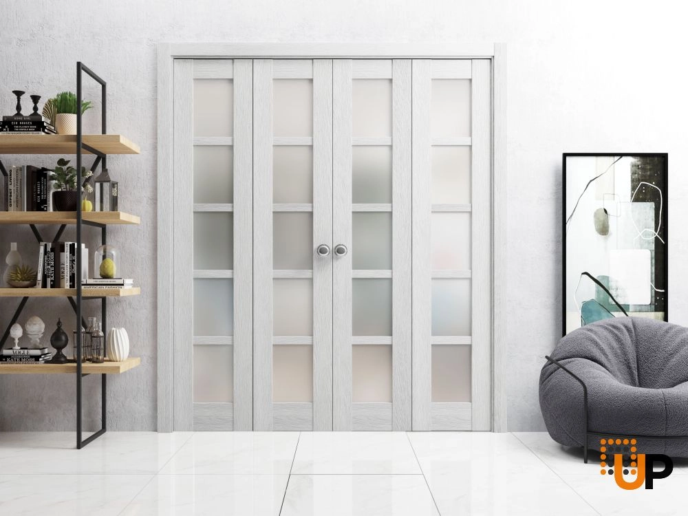 4 folding panels mdf sliding french interior bi-fold double door with frosted glass | Quadro 4002  Light Grey Oak | 72 x 80 (4* 18x80) photo#2