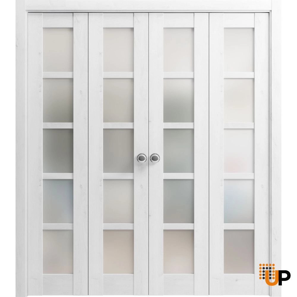 4 folding panels mdf sliding french interior bi-fold double door with frosted glass | Quadro 4002  Nordic White | 72 x 80 (4* 18x80) photo#1