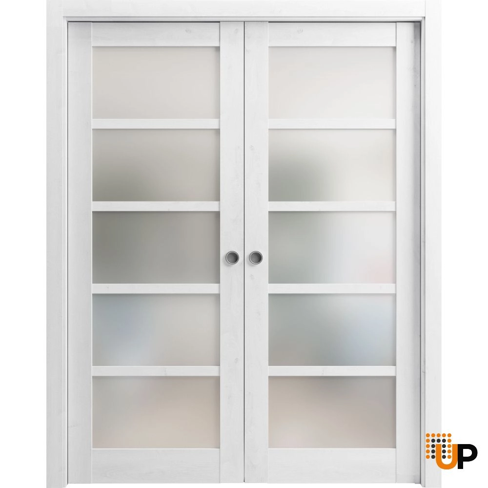 Double mdf sliding french interior pocket double door with frosted glass | Quadro 4002  Nordic White | 36 x 80 (2* 18x80) photo#1