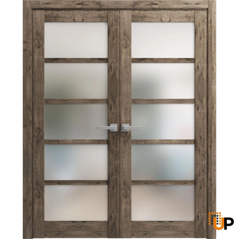 Double mdf french interior swing double door with frosted glass | Quadro 4002  Cognac Oak | 36 x 80 (2* 18x80) photo#1