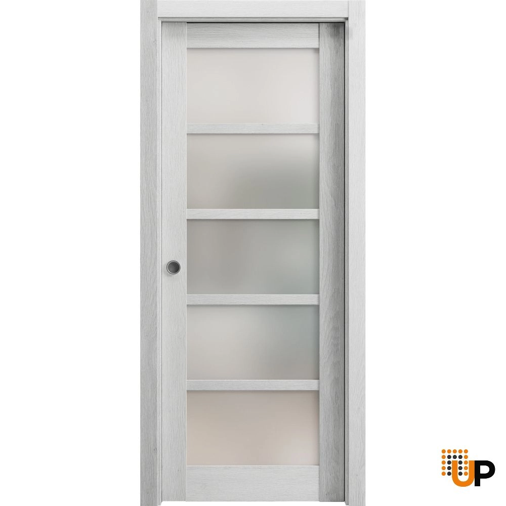 Single mdf sliding luxury interior pocket door with frosted glass | Quadro 4002  Light Grey Oak | 18 x 80 photo#1