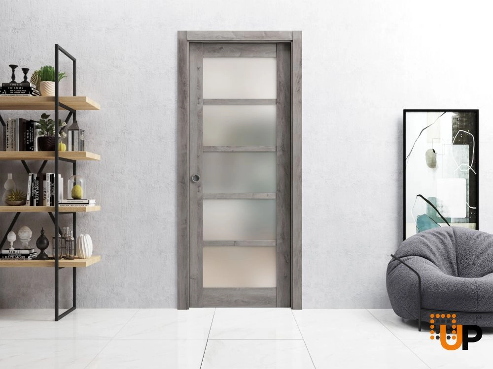 Single mdf sliding luxury interior pocket door with frosted glass | Quadro 4002  Nebraska Grey | 18 x 80 photo#2