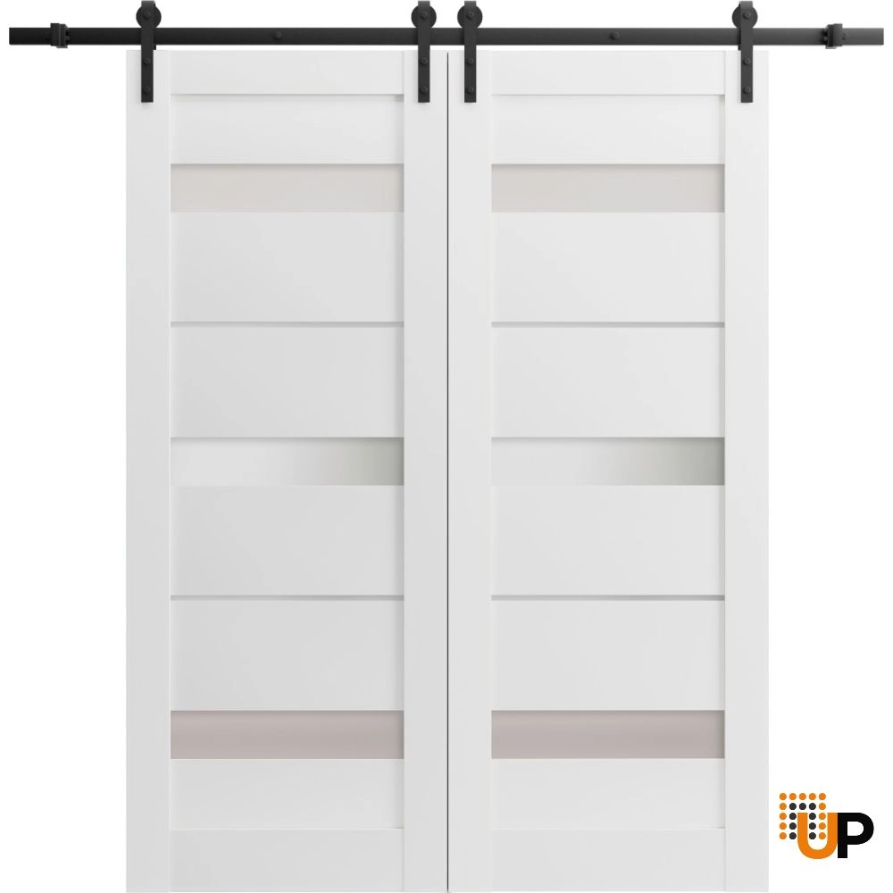 Double solid core sliding interior barn double door with frosted glass | Quadro 4055 White | 72 x 96 (2* 36x96) photo#1