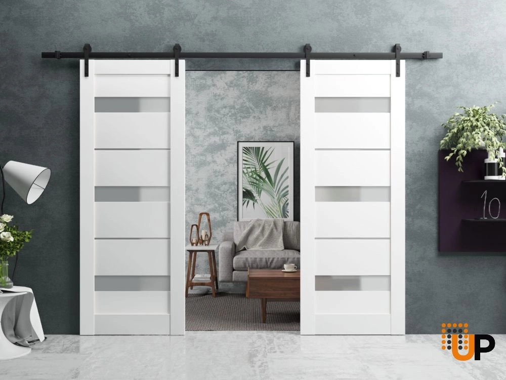 Double solid core sliding interior barn double door with frosted glass | Quadro 4055 White | 72 x 96 (2* 36x96) photo#6