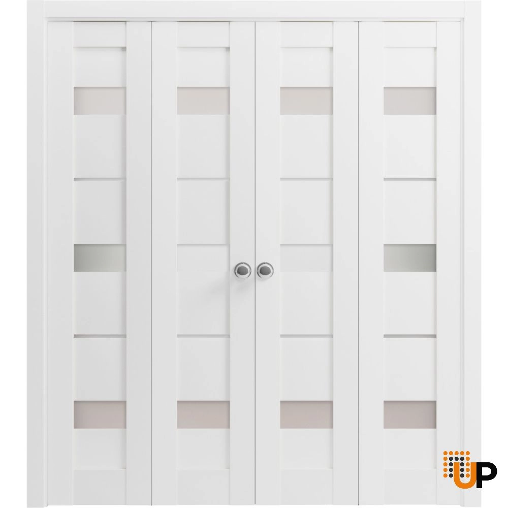 4 folding panels mdf sliding modern interior bi-fold double door with frosted glass | Quadro 4055 White | 72 x 80 (4* 18x80) photo#1