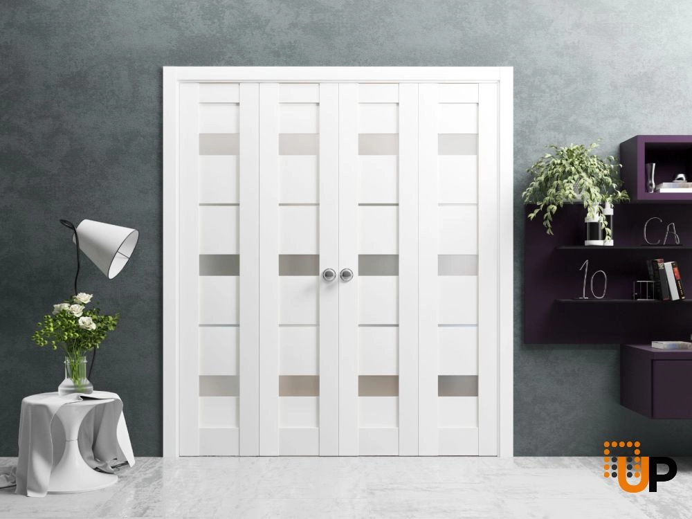 4 folding panels mdf sliding modern interior bi-fold double door with frosted glass | Quadro 4055 White | 72 x 80 (4* 18x80) photo#2