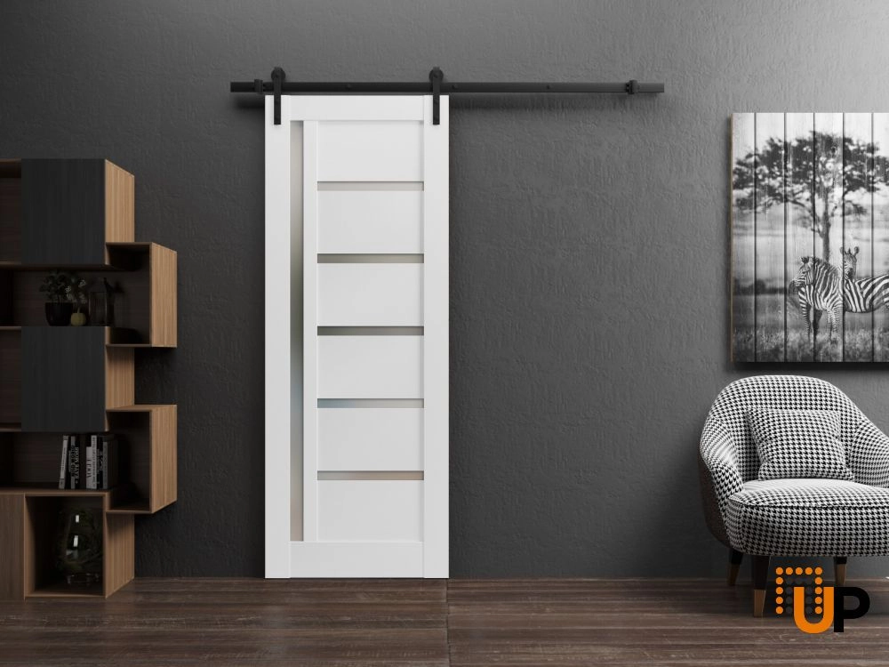 Single mdf sliding modern interior barn door with frosted glass | Quadro 4088  White | 18 x 80 photo#2