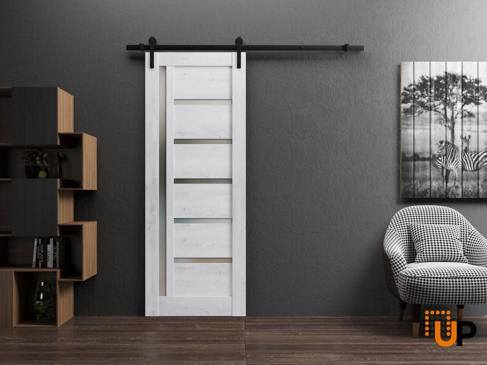 Single mdf sliding modern interior barn door with frosted glass | Quadro 4088  Nordic White | 18 x 80 photo#2