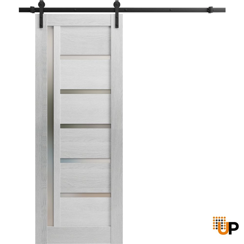 Single mdf sliding modern interior barn door with frosted glass | Quadro 4088  Light Grey Oak | 18 x 80 photo#1