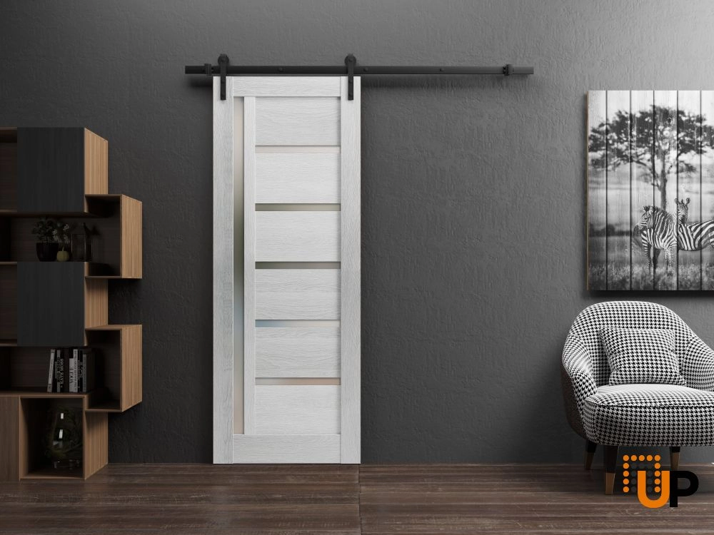 Single mdf sliding modern interior barn door with frosted glass | Quadro 4088  Light Grey Oak | 18 x 80 photo#2