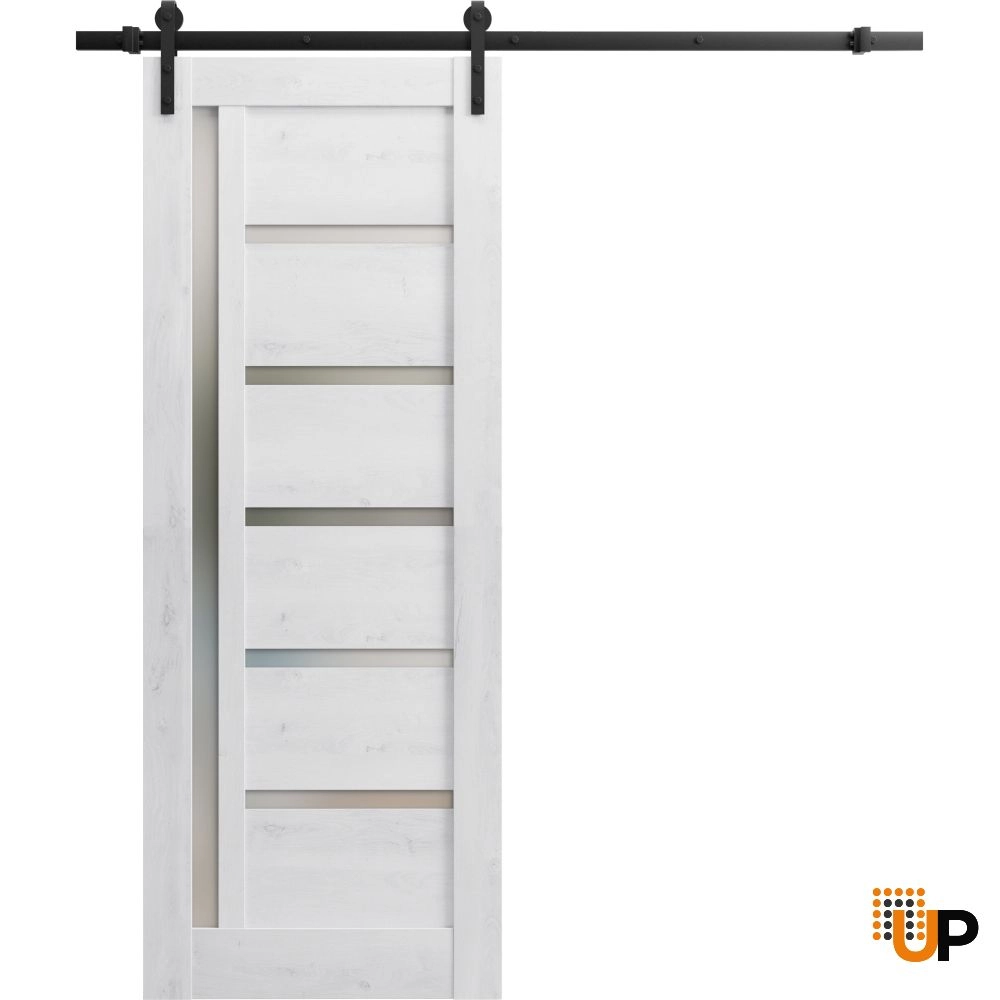 Single mdf sliding modern interior barn door with frosted glass | Quadro 4088  Nordic White | 18 x 80 photo#1