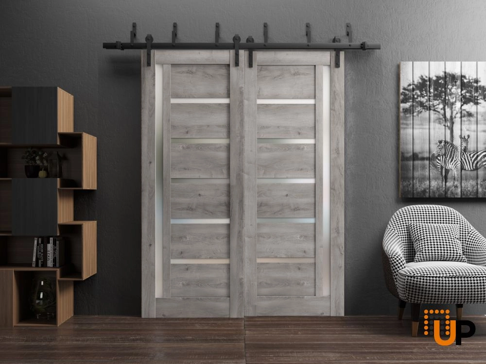 Double mdf sliding modern interior barn bypass door with frosted glass | Quadro 4088  Nebraska Grey | 36 x 80 (2* 18x80) photo#2