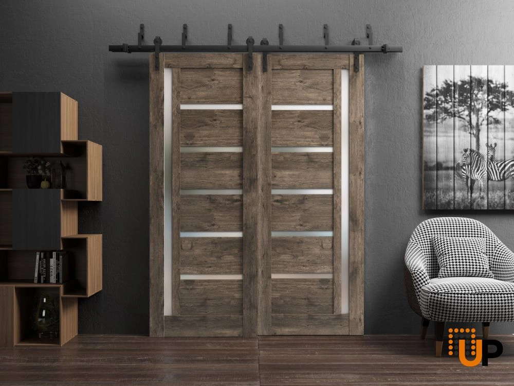 Single mdf modern interior door slab with frosted glass | Quadro 4088  Cognac Oak | 18 x 80 photo#2