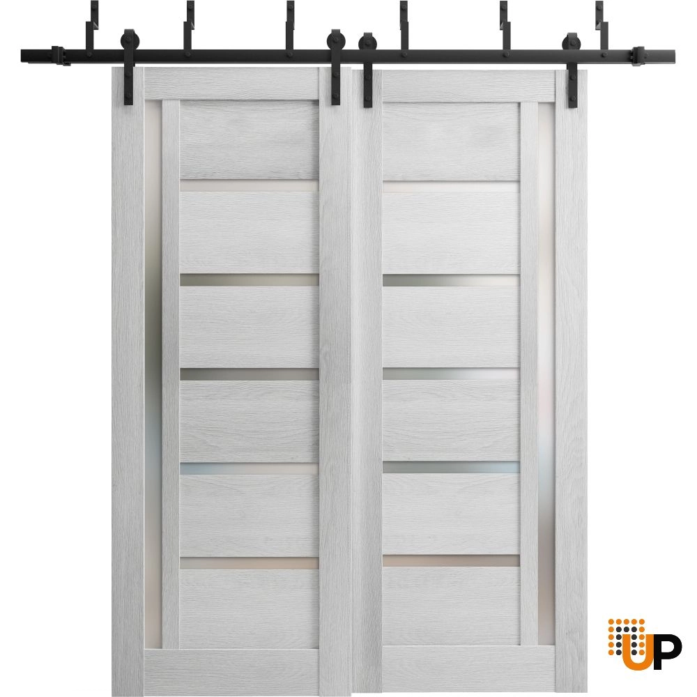 Double mdf sliding modern interior barn bypass door with frosted glass | Quadro 4088  Light Grey Oak | 36 x 80 (2* 18x80) photo#1