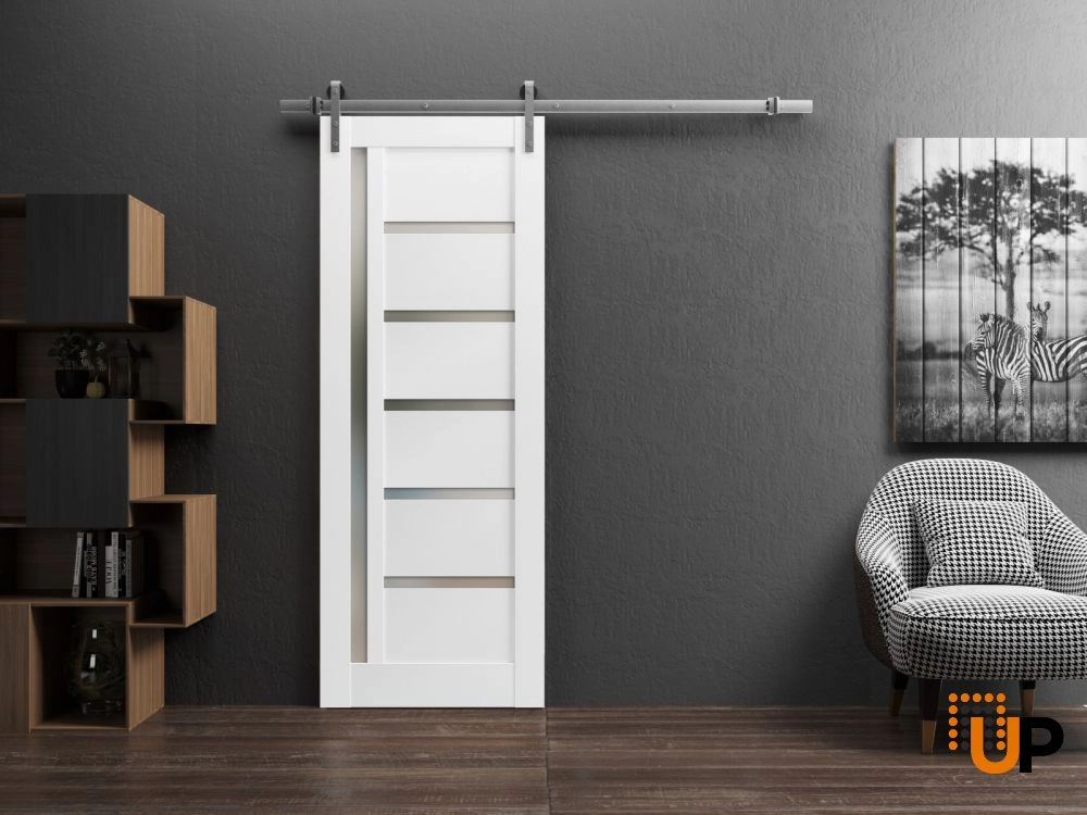 Single mdf sliding modern interior barn door with frosted glass | Quadro 4088  White | 18 x 80 photo#2