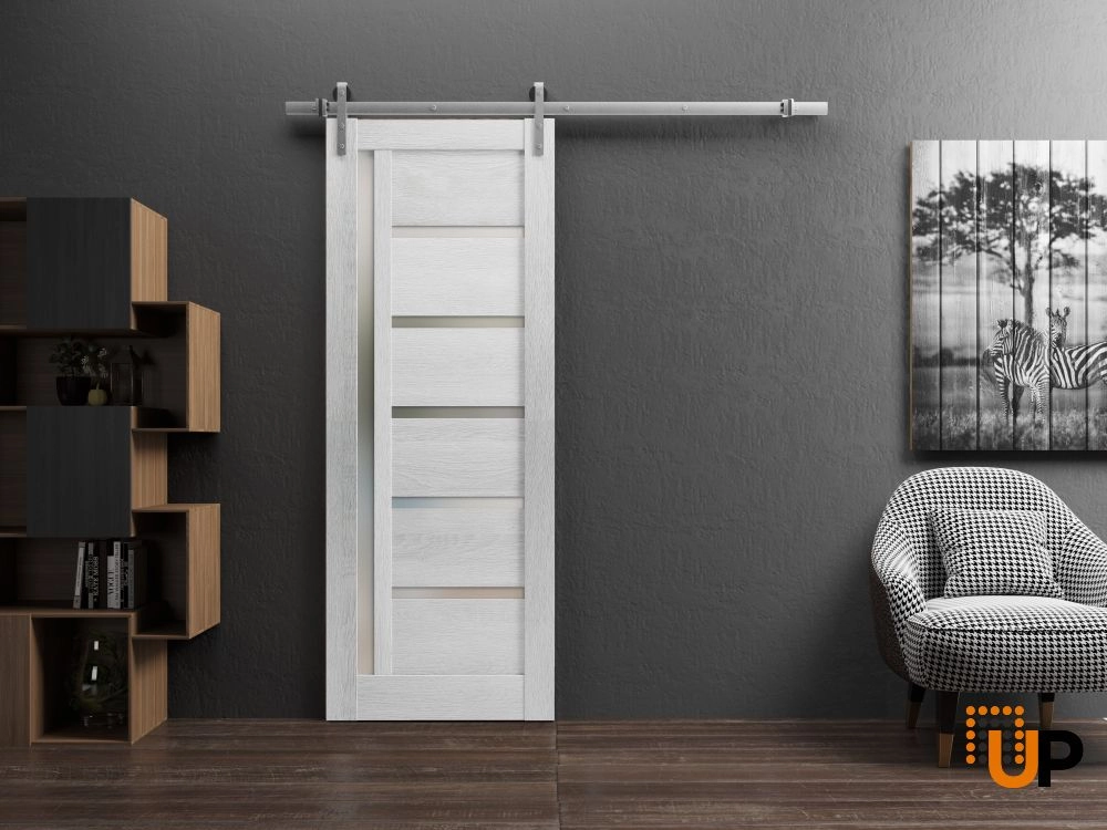 Single mdf sliding modern interior barn door with frosted glass | Quadro 4088  Light Grey Oak | 18 x 80 photo#3