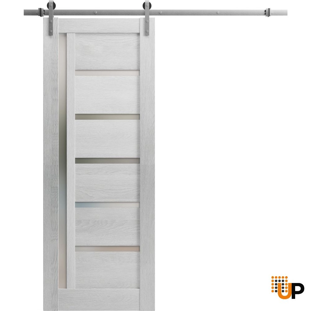 Single mdf sliding modern interior barn door with frosted glass | Quadro 4088  Light Grey Oak | 18 x 80 photo#1