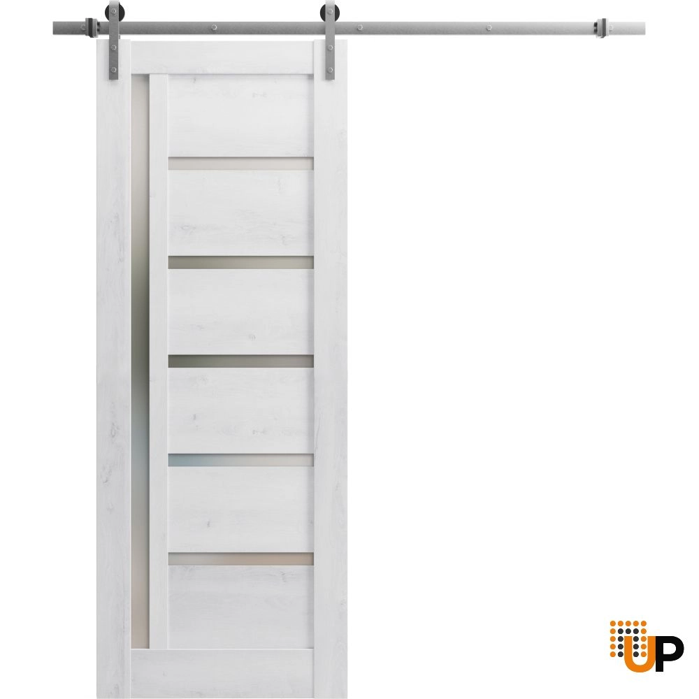 Single mdf sliding modern interior barn door with frosted glass | Quadro 4088  Nordic White | 18 x 80 photo#1