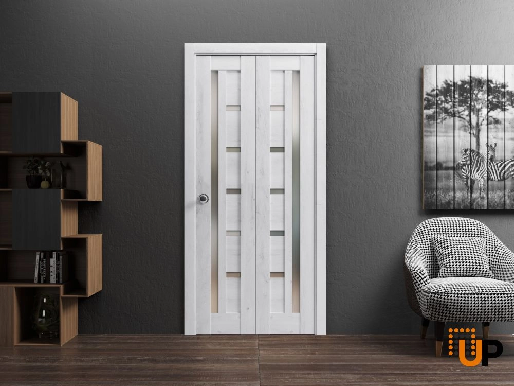 2 folding panels mdf sliding modern interior bi-fold door with frosted glass | Quadro 4088  Nordic White | 36 x 80 (2* 18x80) photo#2