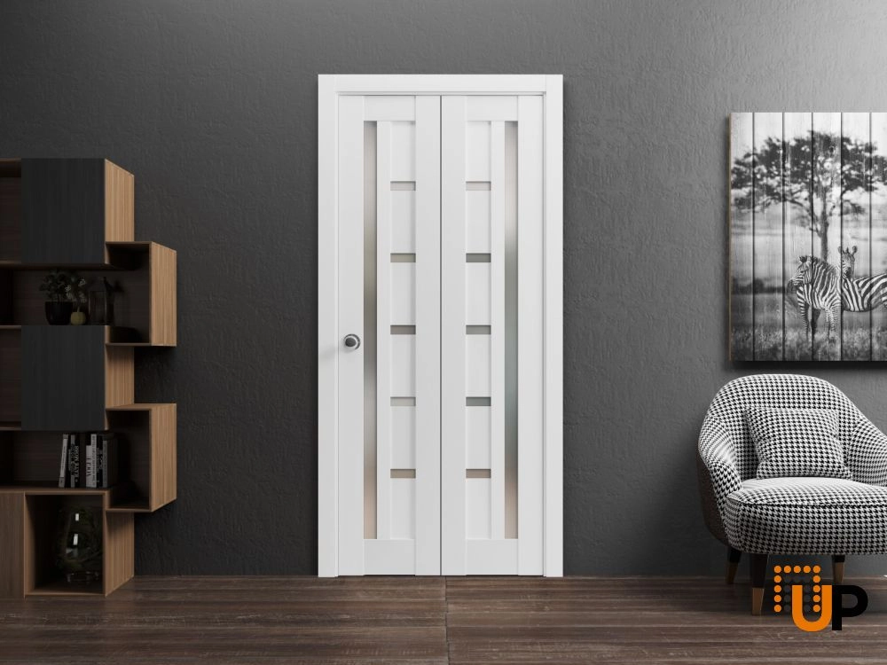 2 folding panels mdf sliding modern interior bi-fold door with frosted glass | Quadro 4088  White | 36 x 80 (2* 18x80) photo#2