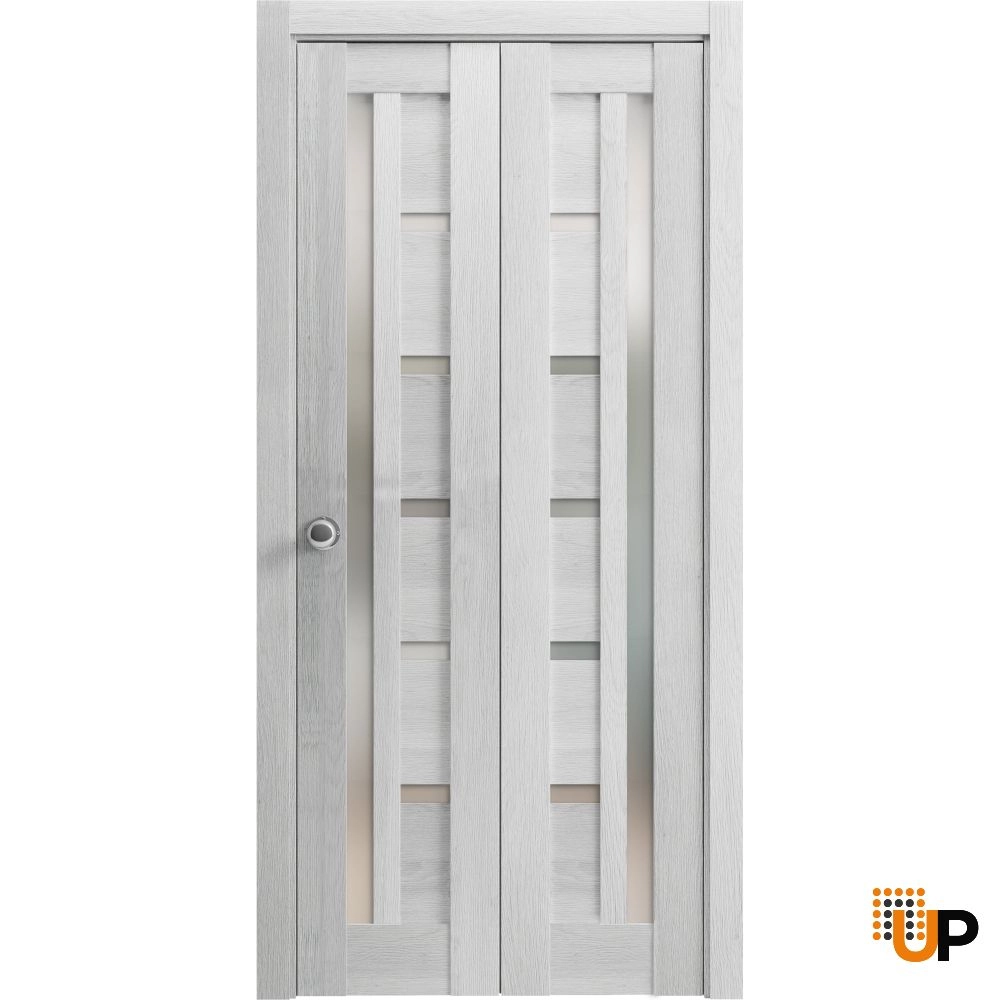 2 folding panels mdf sliding modern interior bi-fold door with frosted glass | Quadro 4088  Light Grey Oak | 36 x 80 (2* 18x80) photo#1