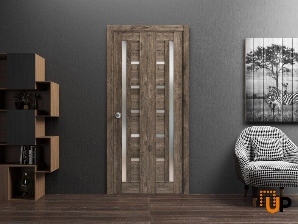 2 folding panels mdf sliding modern interior bi-fold door with frosted glass | Quadro 4088  Cognac Oak | 36 x 80 (2* 18x80) photo#2