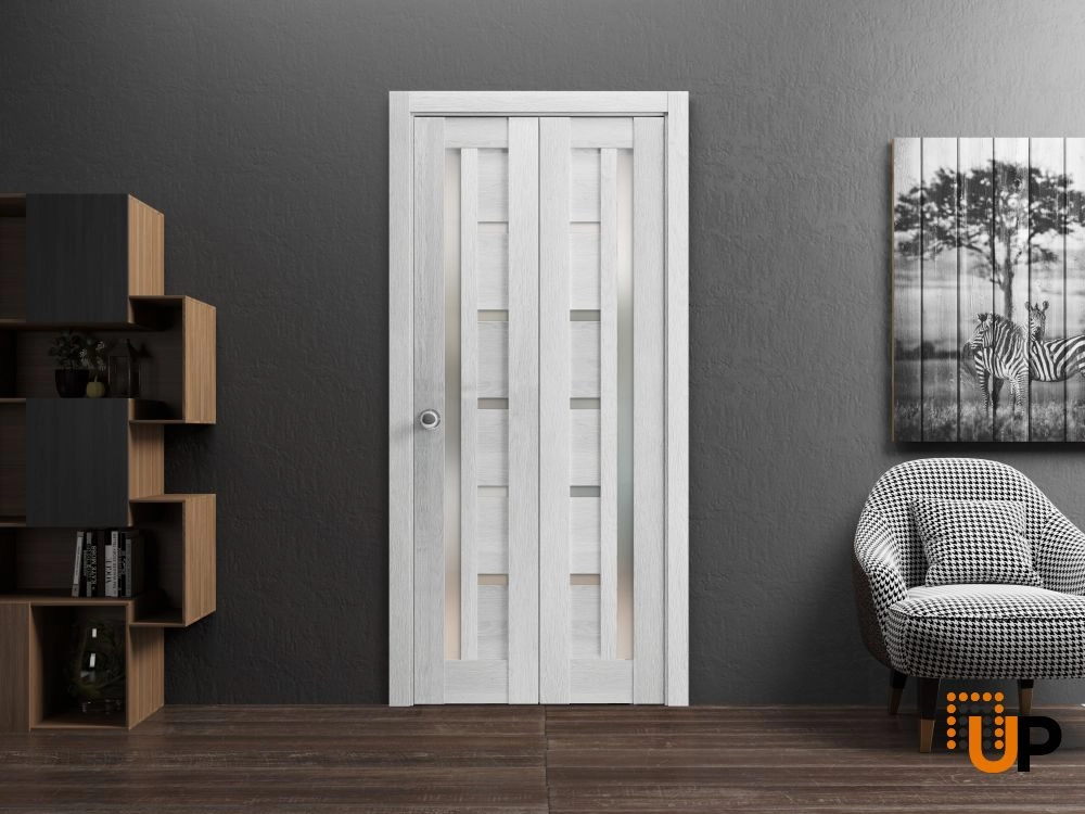 2 folding panels mdf sliding modern interior bi-fold door with frosted glass | Quadro 4088  Light Grey Oak | 36 x 80 (2* 18x80) photo#2