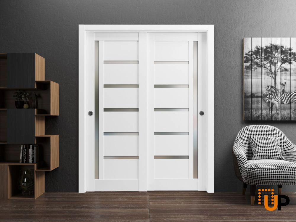 Double mdf sliding modern interior closet bypass door with frosted glass | Quadro 4088  White | 36 x 80 (2* 18x80) photo#2