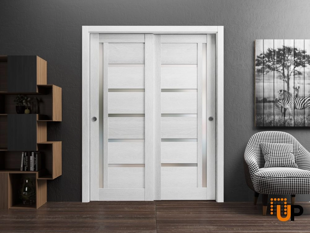 Double mdf sliding modern interior closet bypass door with frosted glass | Quadro 4088  Light Grey Oak | 36 x 80 (2* 18x80) photo#2