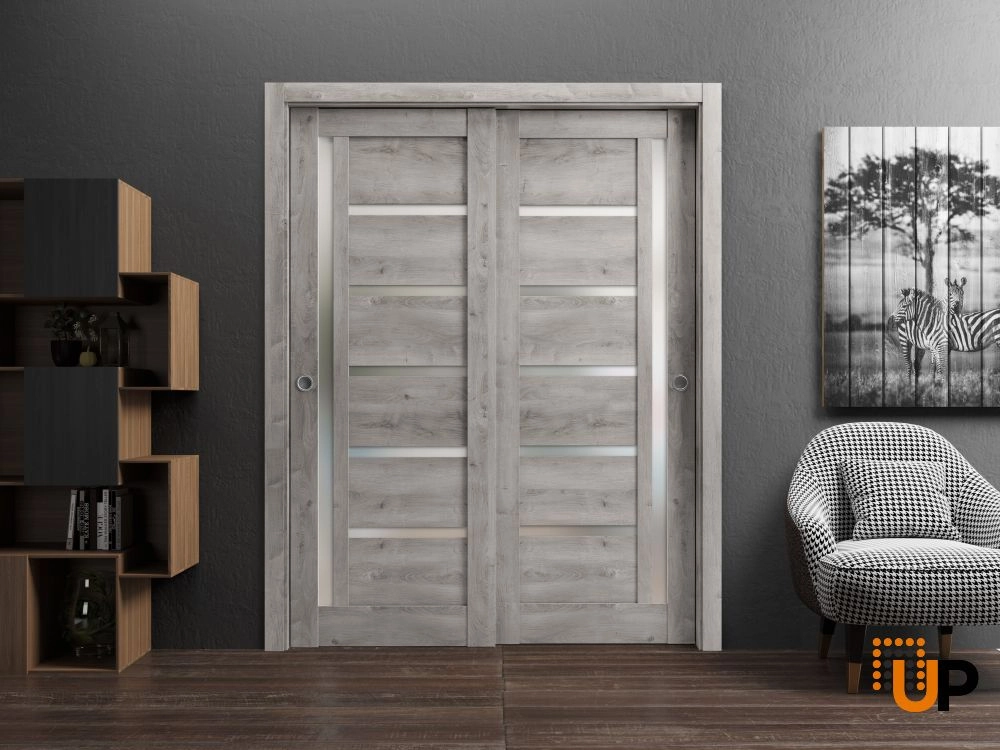 Double mdf sliding modern interior closet bypass door with frosted glass | Quadro 4088  Nebraska Grey | 36 x 80 (2* 18x80) photo#2