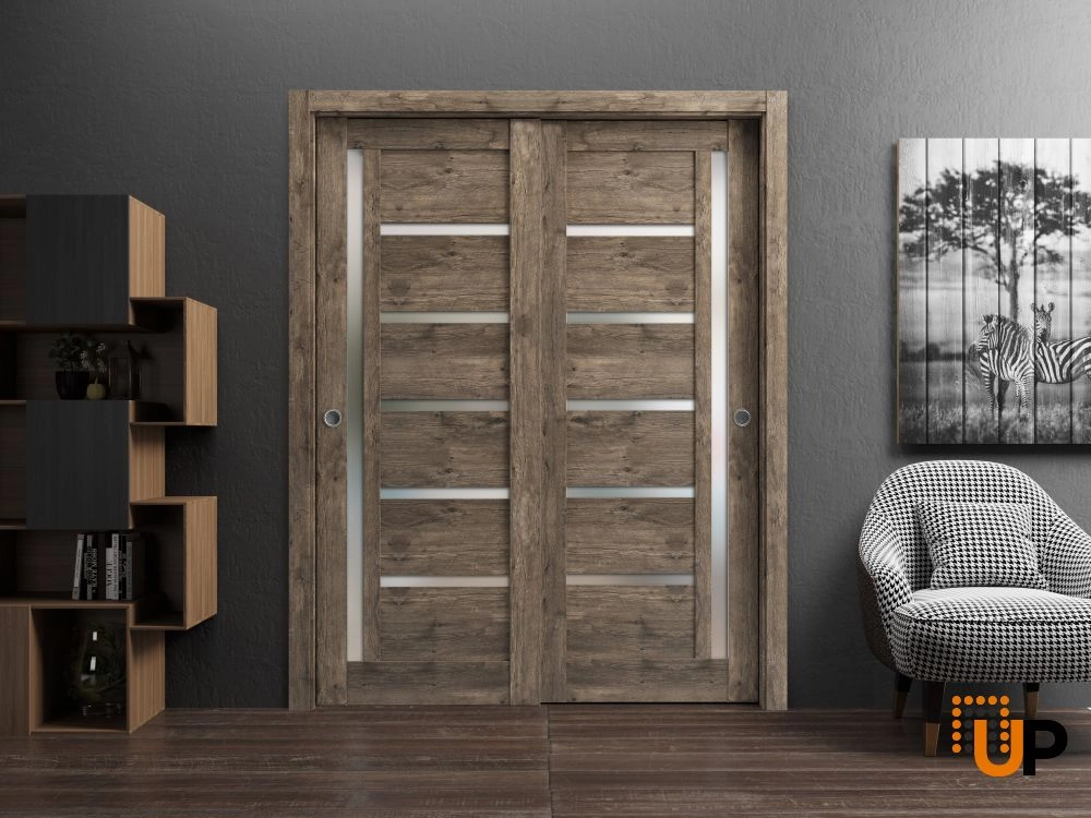 Double mdf sliding modern interior closet bypass door with frosted glass | Quadro 4088  Cognac Oak | 36 x 80 (2* 18x80) photo#2