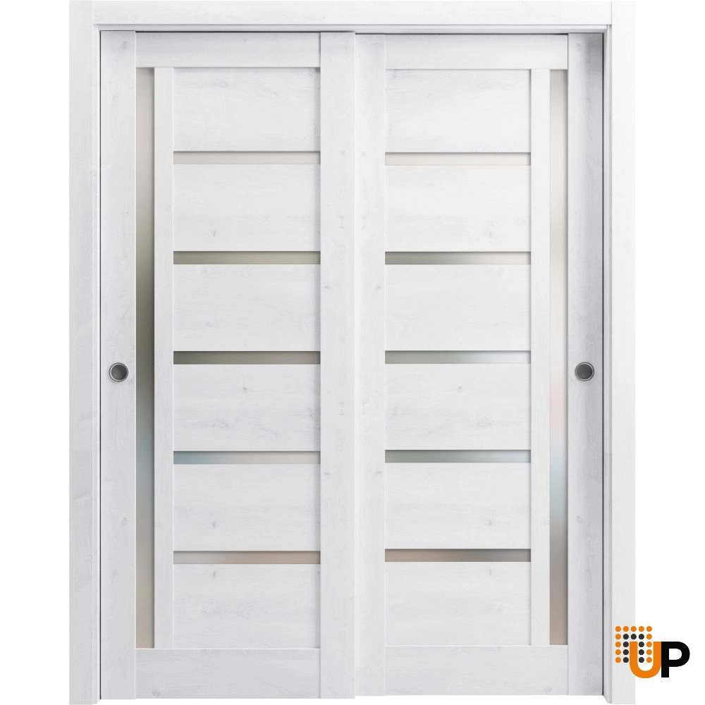 Double mdf sliding modern interior closet bypass door with frosted glass | Quadro 4088  Nordic White | 36 x 80 (2* 18x80) photo#1