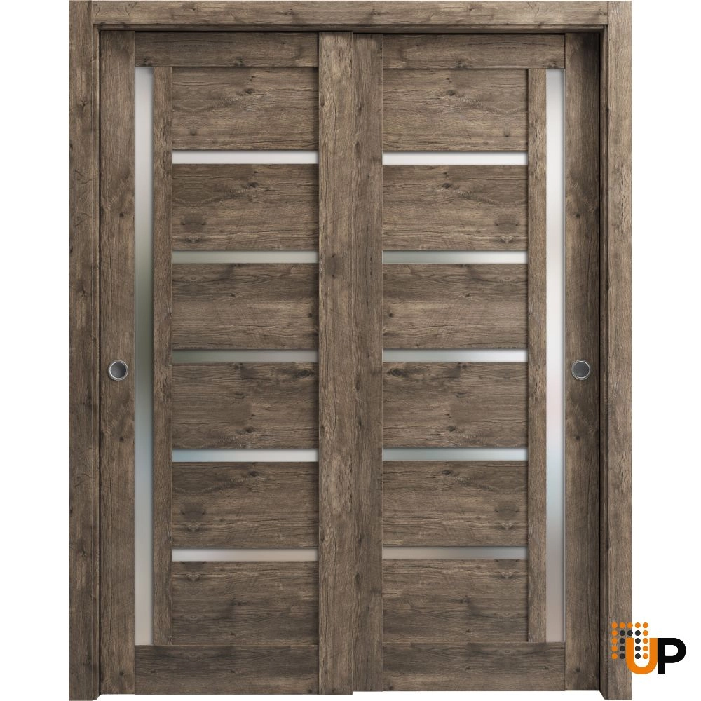 Double mdf sliding modern interior closet bypass door with frosted glass | Quadro 4088  Cognac Oak | 36 x 80 (2* 18x80) photo#1