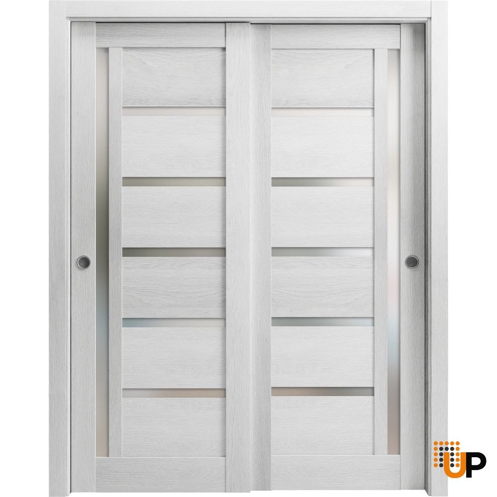 Double mdf sliding modern interior closet bypass door with frosted glass | Quadro 4088  Light Grey Oak | 36 x 80 (2* 18x80) photo#1