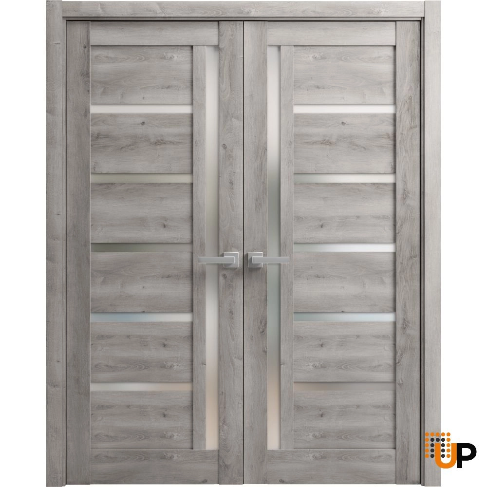 Double mdf french interior swing double door with frosted glass | Quadro 4088  Nebraska Grey | 36 x 80 (2* 18x80) photo#1