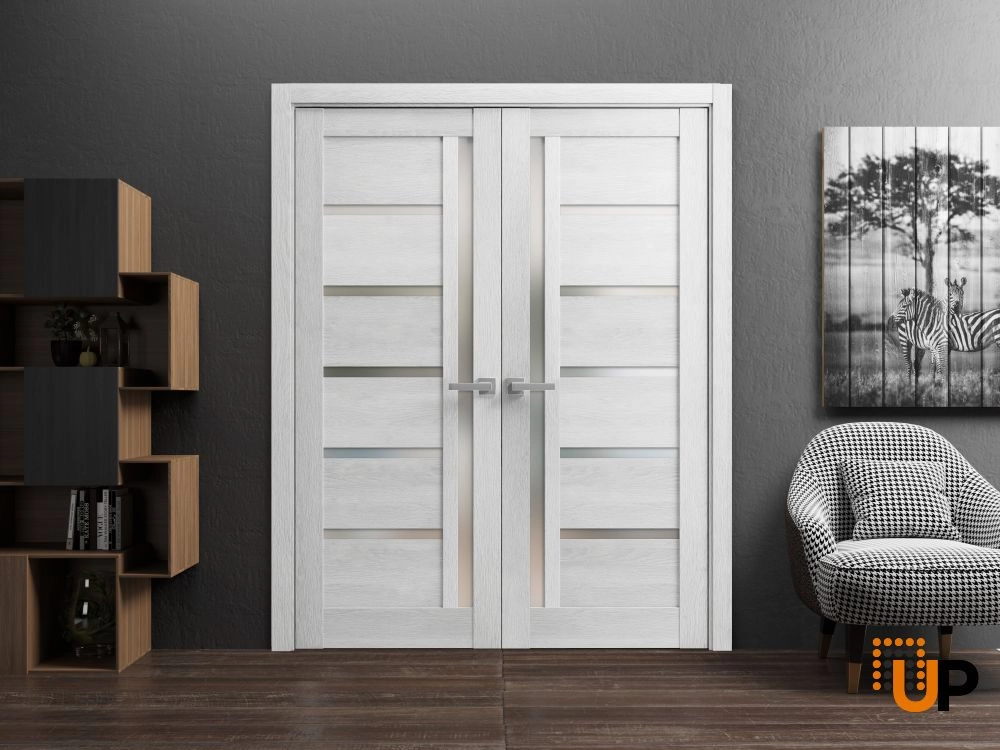 Double mdf french interior swing double door with frosted glass | Quadro 4088  Light Grey Oak | 36 x 80 (2* 18x80) photo#2
