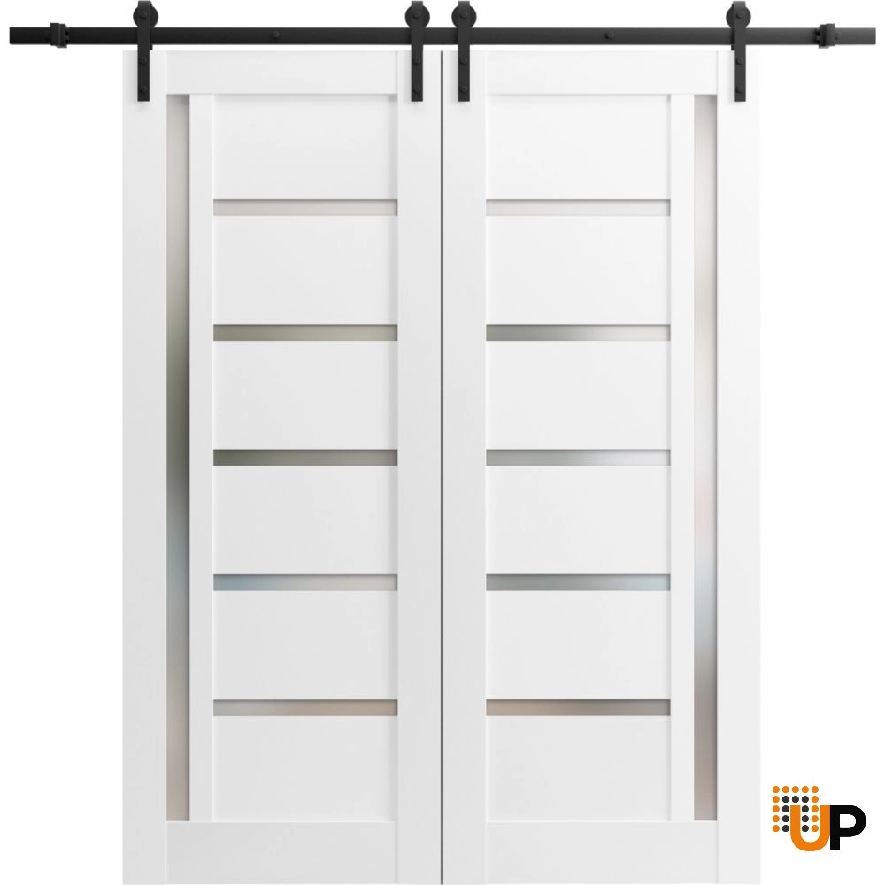 Double mdf sliding french interior barn double door with frosted glass | Quadro 4088  White | 36 x 80 (2* 18x80) photo#1