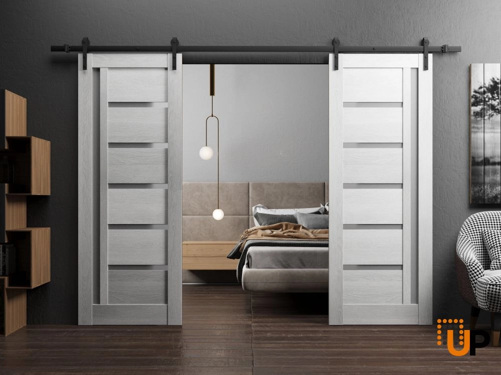 Double mdf sliding french interior barn double door with frosted glass | Quadro 4088  Light Grey Oak | 36 x 80 (2* 18x80) photo#2
