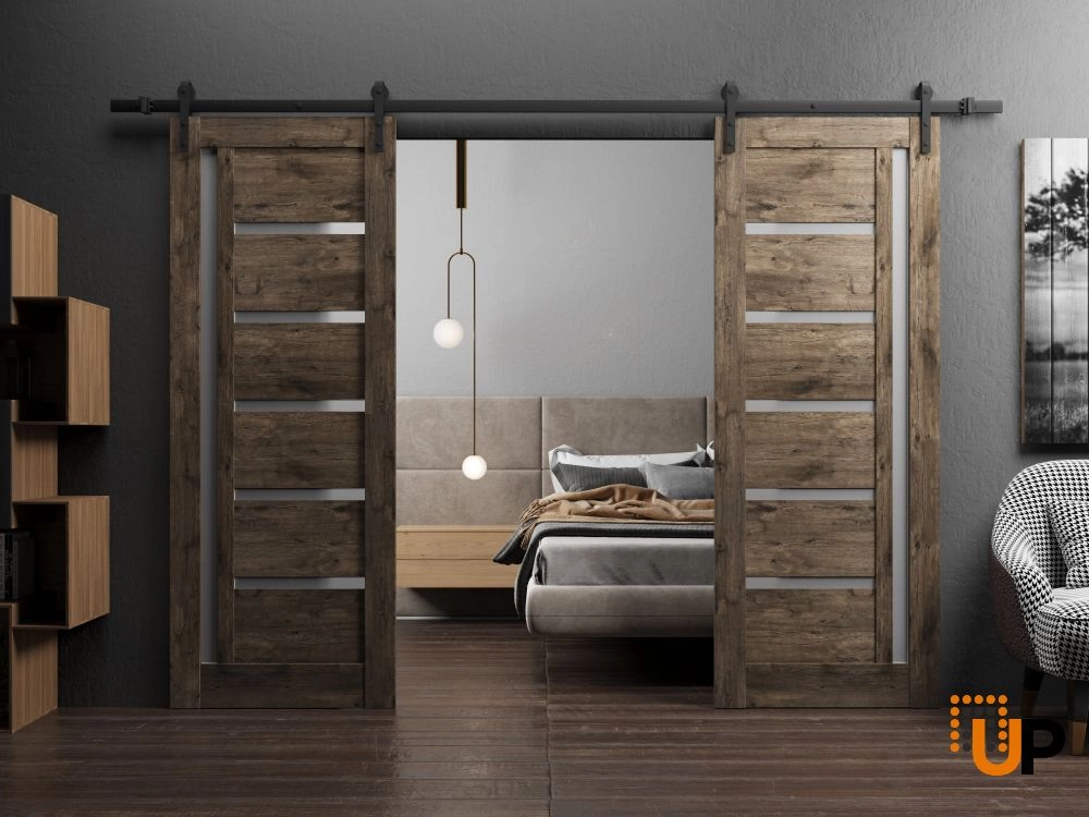 Double mdf sliding french interior barn double door with frosted glass | Quadro 4088  Cognac Oak | 36 x 80 (2* 18x80) photo#2