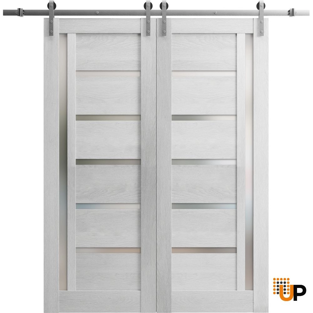 Double mdf sliding french interior barn double door with frosted glass | Quadro 4088  Light Grey Oak | 36 x 80 (2* 18x80) photo#1